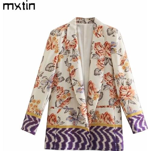 MXTIN 2021 Women Spring Fashion Floral Print Pockets Blazers Coat Vintage Lapel Collar Long Sleeve Office Ladies Casual Coat