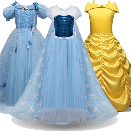 Princess Girls Cosplay Elsa Dress for Kids Halloween Costume Fantasia Children Cinderella Belle Dresses Children Party Clothes