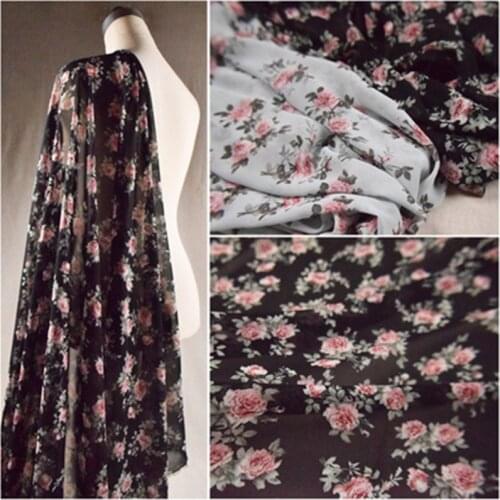 Half Meter Elegant Rose Flower Print Chiffon Fabric For Dress Sun-Proof Clothing Ladys Garment Thin Soft Material T1392