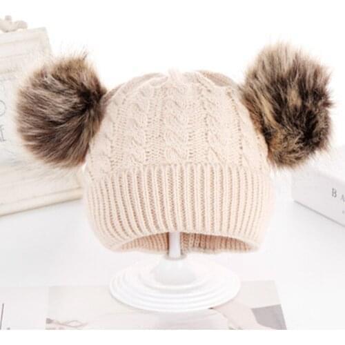Fur Ball Cap 2 Pom Poms Winter Hats For Baby Girls Wool Knitted Hat Cotton Newborn Boy Beanies Hat Thick Bonnet Cap балаклава