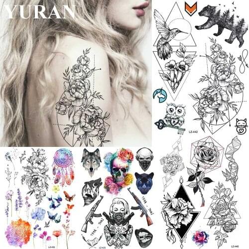 YURAN Black Flora Geometric Birds Bear Peak Fake Tattoos Stickers Women Arm Girls Chest Tattoo Temporary Custom Waterproof Tatoo