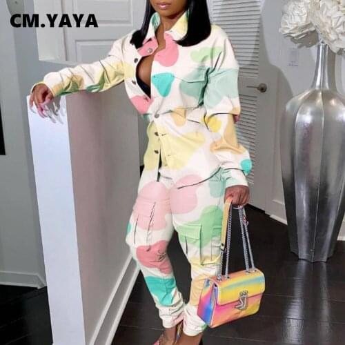 CM.YAYA Women Set Print Slim Shirts Tops + Pockets Pants Two 2 Piece Pants Sets Ladies Casual Outfits Fashion Streetwear Autumn