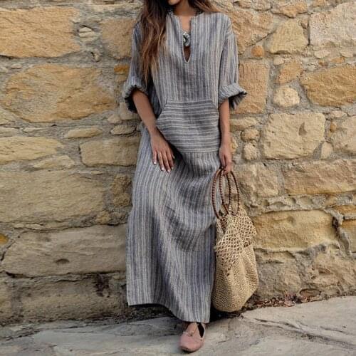 Womens Cotton Linen Dress Big size 5XL large size Kaftan Long Sleeve 2020 Summer Striped Women Plus Size Long Maxi Boho Dresses