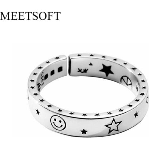 MEETSOFT Silver Plated Opening Ring For Women Simple Adjustable Retro Circle Small Moon Star Jewelry Gift