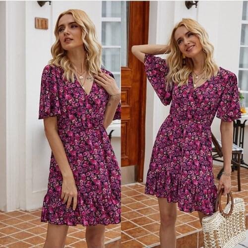 Womens Wear V-neck Short Sleeve Dress Print Slim Dress Wholesale Fuchsia Floral Dresses