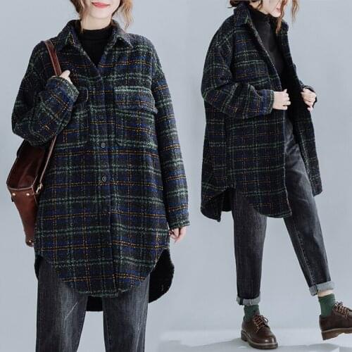 2021 new autumn and winter womens large woolen Jacket Womens loose fashion MEDIUM LENGTH PLAID thickened woolen coat