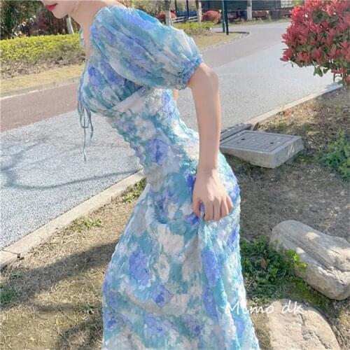Summer Beach Floral Women Elegant Dress Puff Sleeve Dresses Female Party Korean style clothes vintage vero brandy size punk