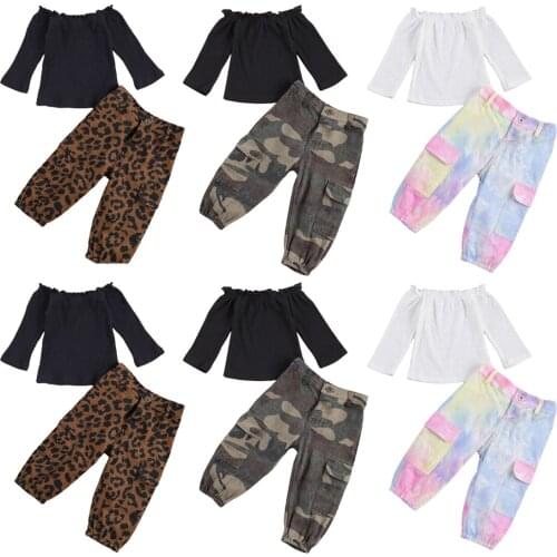 2 Pcs Baby Girls Casual Suit Solid Boat Neck Long Sleeve Ribbing Elastic Top Leopard Camouflage Tie Dye Loose Trousers Pocket