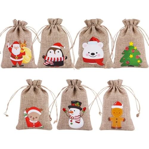 200Pcs 7 Styles Christmas Linen Bags Drawstrings Burlap Candy Bags With Family Of Seven Storage Gift Bags For Party Decoration