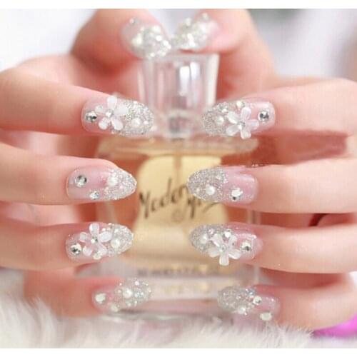24Pcs/set Bride Shining Rhinestone Wedding False Nails Ladies Simple Fashion French Fake Nails White Beige Acrylic Nail Tips