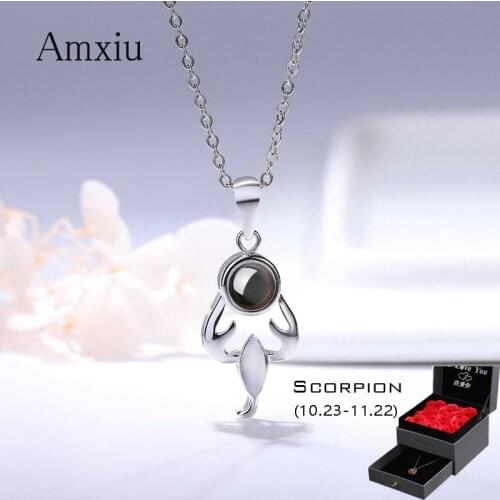 Amxiu 925 Sterling Silver Necklace 12 Constellation Pendant Necklace Clavicle Chain 100 languages I love you Projection Necklace