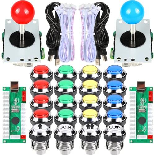 Arcade Joystick Buttons 2 Player DIY Kit USB Encoder PC to Joytstick + led Chrome Arcade Buttons for MAME Raspberry Pi Games