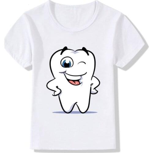 Cute Tooth Cartoon Print Funny T-Shirts Girls Kids Summer Boy Clothes