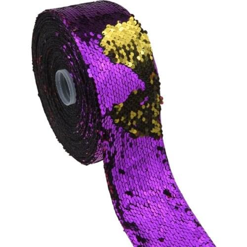 BOCA 50 yards 3 inch 75mm shiny purple to gold color Reversible spangle sequin fabric Ribbon for Dress bows DIY Decoration