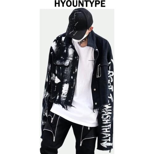 Designer Irregular Hand Painted Ripped Denim Jacket Coat Mens Hip Hop Autumn Outerwear Fashion Black Jean Streetwear Jackets