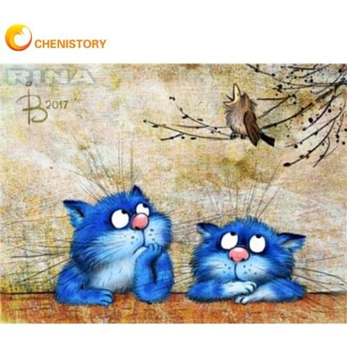 CHENISTORY Painting By Numbers For Adults Children Two Blue Cats Animal Picture By Number Kits Diy Framed On Canvas Home Arts