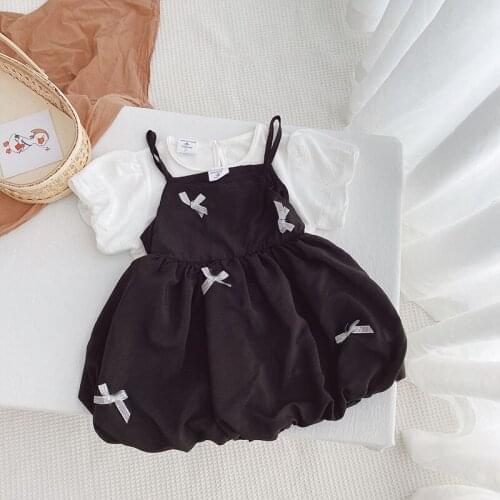 Girls Korean Suit Set Summer French Folded Puff Sleeve Fashion Top Solid Color Black Bowknot Strap Lantern Sling Skirt
