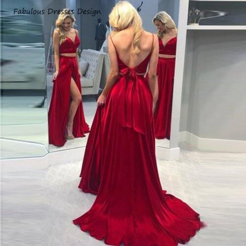 Two Pieces Red Long Prom Dresses V Neck Backless Slit A Line Vestido 2020 Bowknot Sweep Train Evening Dress Party For Women