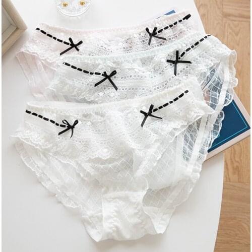 Sweet Women Lace Panties Net Yarn Transparent Underwear Sexy Briefs Bows Trim Cute Girls Intimates 3 Colors