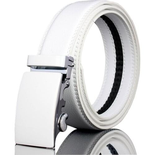 Mens White Black Leather Golf Belt Waistband Strap With Automatic Alloy Buckle New Solid Color Fashion Trend