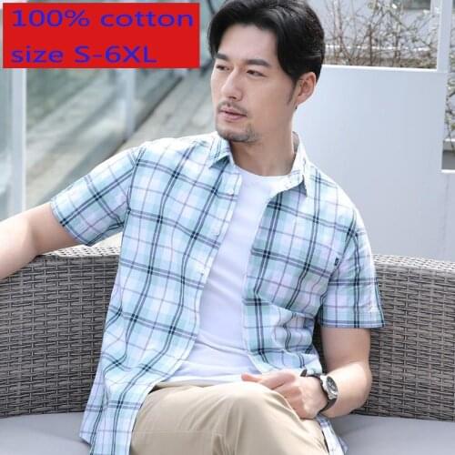 New Arrival Fashion Summer High Quality Men Short Sleeve 100% Cotton Plaid Thin Casual Shirts Plus Size S-XL 2XL 3XL 4XL 5XL 6XL