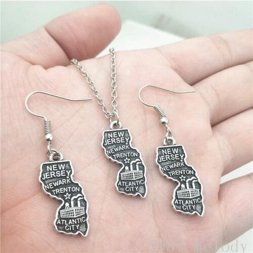 New Jersey USA Map of America Mini Jewelry Set Creative Earring Necklace Sets,Antique, Vintage Fashion Women Girl Gifts