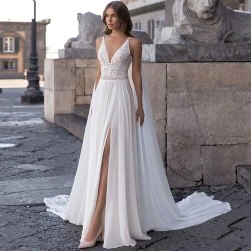 Fanweimei Charming Boho Wedding Dress with Shawl Sexy High Split Bohemian Lace Bride Dress Chiffon Beach Bridal Gown Princess