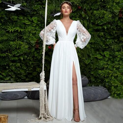 Charming A-line Lace Chiffon Wedding Dresses Long Sleeve V-Neck Floor Length Side Slit Bridal Gowns Robe De Mariée 2021