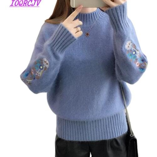 Autumn Winter Women Short Sweater Pullover New Embroidery Half-Turtleneck Knitted Tops Loose Long-sleeved Pullover Sweater Women