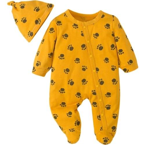 Autumn Cartoon Print Baby Jumpsuit Wrapper Hat Long Sleeve Bodysuits Jumpsuit 2 Piece Set