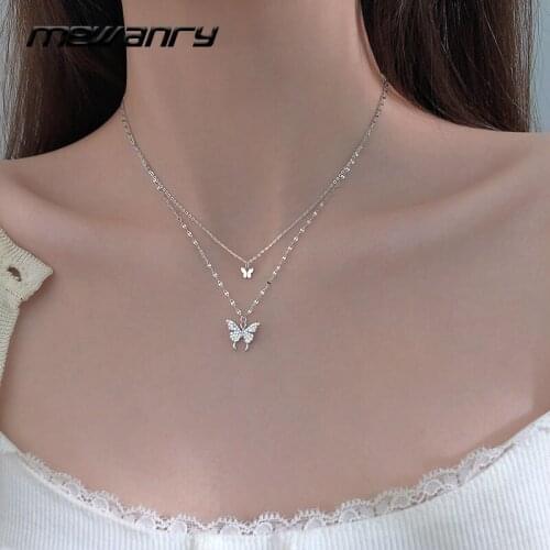 Mewanry 925 Sterling Silver Clavicle Chain Necklace New Trend Double Layer Zircon Butterfly Bride Jewelry Gift Girls Accessories