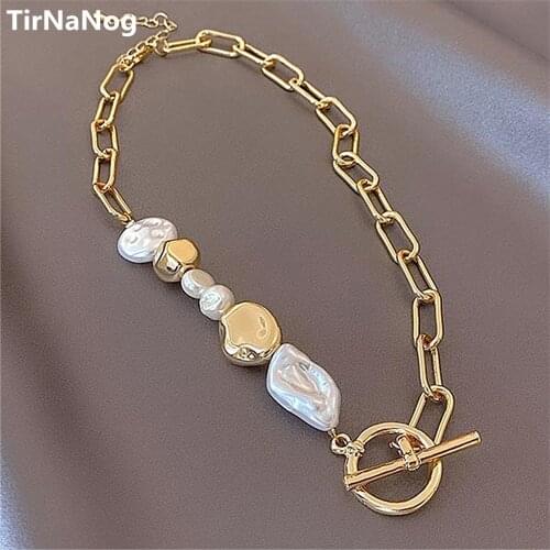 Han Edition Of Irregular Baroque Imitation Pearl Necklace Geometric Retro Metal Clasp Sweater Chain Women Jewelry Gifts