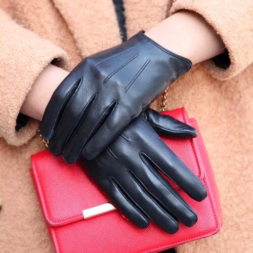 Touchscreen Genuine Leather Gloves Female Thin Style Plus Velvet Keep Warm Driving Short Style Thicken Sheepskin Gloves L181