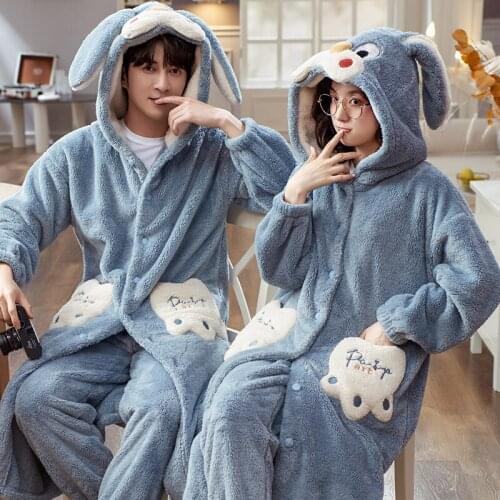 Wowen Pajamas Winter Flannel Sleepwear Thickened Coral Fleece Long Nightgown Cute Hooded Nightrobe + Pants Female Homewear