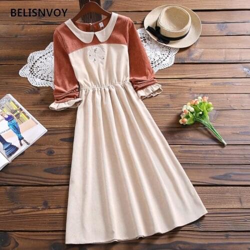 Autumn Winter Women Prairie Chic Dress Embroidery Corduroy Midi Dress Femme Girls Elegant Vintage Sweet Midi Dresses Vestidos