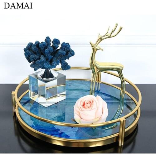 Blue Seascape Trays Decorative Jewelry Display Storage Tray Cosmetic Container Home Decor Agate Texture Mirror Metal Organizer
