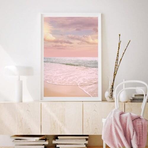 Pink Pastel Clouds Beach Landscape Photography Poster Ocean Wave Boho Canvas Print Surf Cottage Coastal Decoration Wall Painting