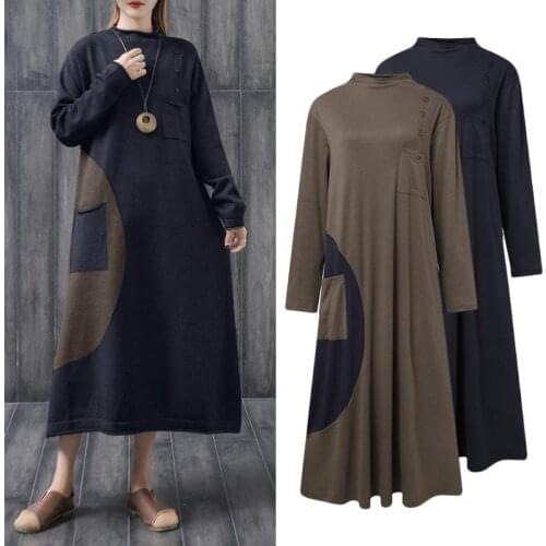 ZANZEA Turtleneck Long Sleeves Midi Sundress Female Autumn Pocket Sweatshirt Dress Women Casual Patchwork Vestidos Oversized
