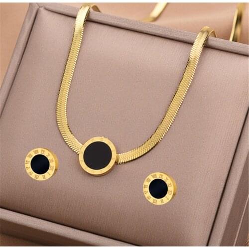 316L Stainless Steel Simple Roman Numerals Fashion Stud Earrings Necklace Set No Fade