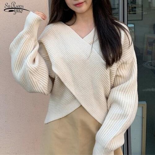 2021 Autumn Winter Long sleeve Warm Sweater Top Temperament Simple V-neck Loose Sweater Woman Pure Elegant Womens Sweater 16483