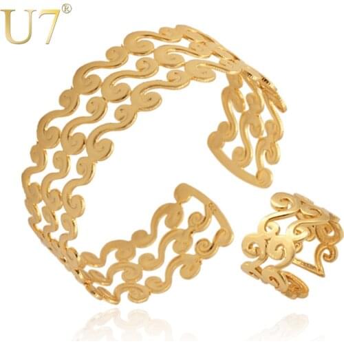 U7 Jewelry Sets For Women/Men Gift Gold Color Vintage S Letter Open Cuff Bracelet Ring Set Party Wholesale S404