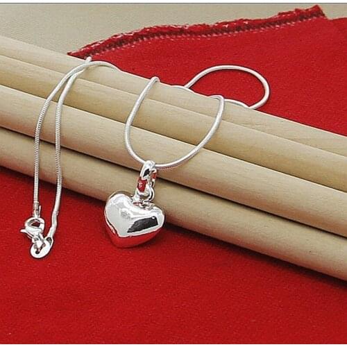 Lovely cute 925 Sterling Silver Solid Heart Necklace 18-30 Inches Snake Chain For Women Wedding Charm Fashion Jewelry party