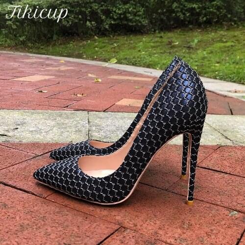 Tikicup Women Navy Blue Fabric Pointy Toe High Heel Shoes Elegant Ladies Slip On Dress Shoes 8cm 10cm 12cm OL Stiletto Pumps