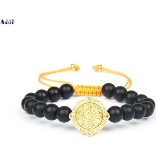 Ailatu New Design Clear Cz Virgin Mary Faith Macrame Bracelet with 8mm Natural Matte Onyx Stone for Mothers Day Gift