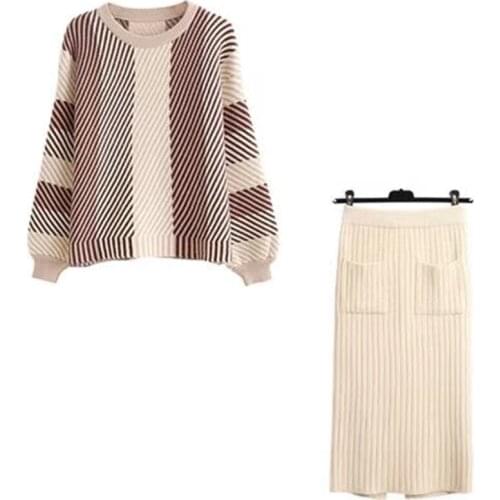 2021 Spring Winter Knitted Two Piece Set Women Striped Sweater and Pocket Knitted Skirt Suit Elastic Waist Female 2 Pieces Set