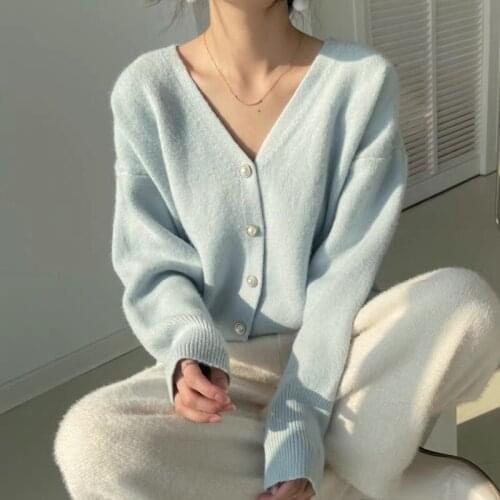 Fall V-Neck Knitted Sweater Women Loose Casual Knitwear Pull Femme Korean Soft Cashmere Jumpers Single Breasted Cardigan Outwear