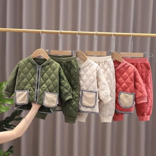 0-4 Years Autumn Winter Children Warm Coat Boys/Girls Newborn Baby Solid Coat+Pants 2pc/Set Outfit Cotton Kids Tracksuit Outfits