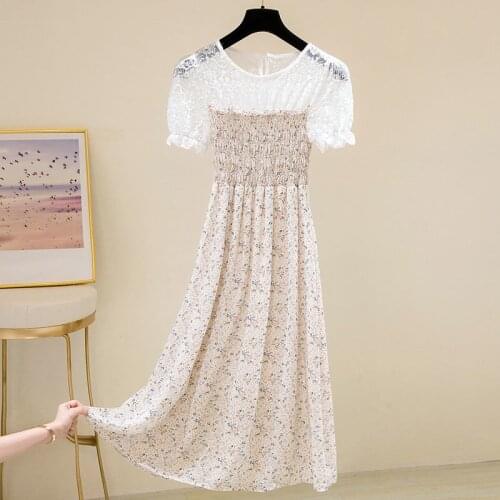 2021 New Summer Women Sweet Floral print Pleated Dress Fashion casual O-neck Sexy lace hollow A-line Mid-Calf Dresses LU1938