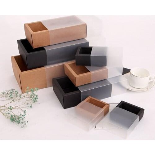 10Pcs Kraft Paper Packing Box With Transparent PVC Window Black Delicate Drawer Display Gift Box Wedding Cookie Candy Cake Boxes