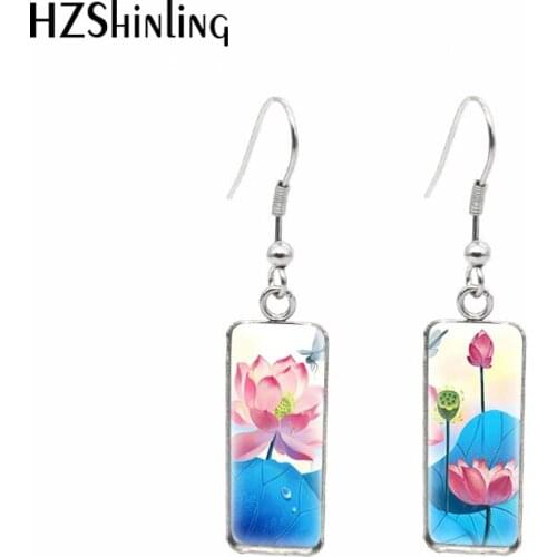 2021 New Summer Lotus Leaf Seed Rectangular Earring Art Painting Fish Hook Earrings Glass Cabochon Handmade Jewelry